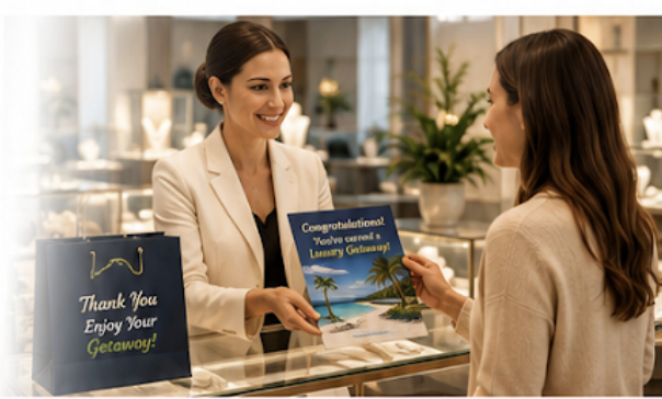 Customer receiving gift getaway package at retail store counter