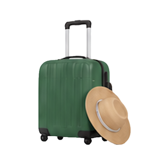 Green travel suitcase and hat